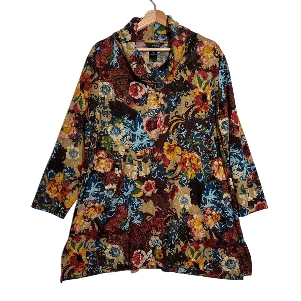Ali Miles Cowl Neck Floral Tunic Top Multi-Color Abstract Art-To-Wear Sz XL